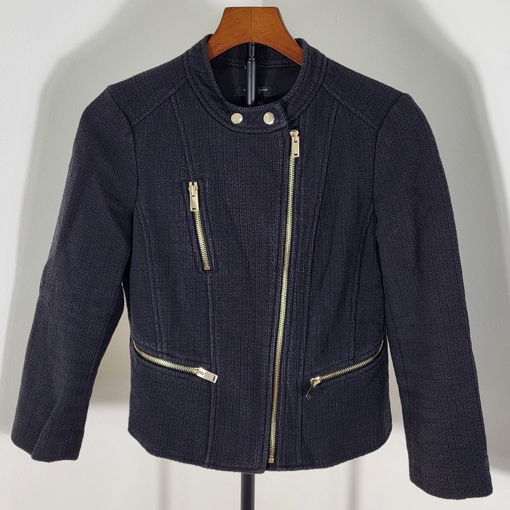 Ann Taylor Petite Moto Jacket Textured Tweed Gold Zip Charcoal Black 4P